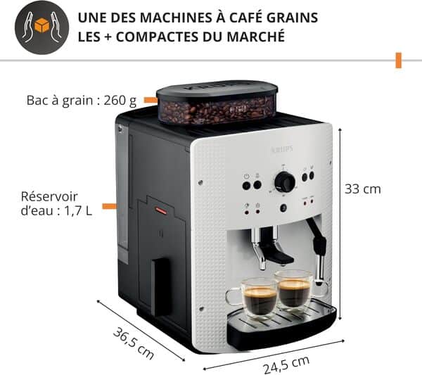 KRUPS Machine à café broyeur grain, 2 expresso simultanés, Nettoyage automatique, Buse vapeur Cappuccino, Essential blanche EA810570