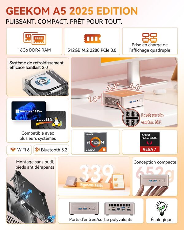 GEEKOM Mini PC A5 2025 Edition avec AMD Ryzen 5 7430U, Silencieux NUC Mini Ordinateur de Bureau avec Graphiques AMD Radeon, 16Go RAM 512Go SSD,8K Display,Dual HDMI,2.5G LAN,Windows 11 Pro,Lecteur SD