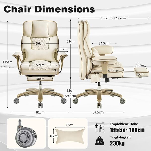 Chaise De Bureau Ergonomique Avec Accoudoirs Réglables Et Soutien Lombaire, Chaise De Direction Robuste En Cuir, Grande Et Haute, Supportant Jusqu'à 230 Kg, Avec Siège Réglable En Hauteur, Beige