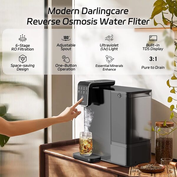 Osmoseur Inverse Distributeur Eau Chaude avec filtration à 6 niveaux Système d'osmose inverse de comptoir moniteur TDS en temps réel 3:1 pur à évacuation pour Cuisine Bureau Maison