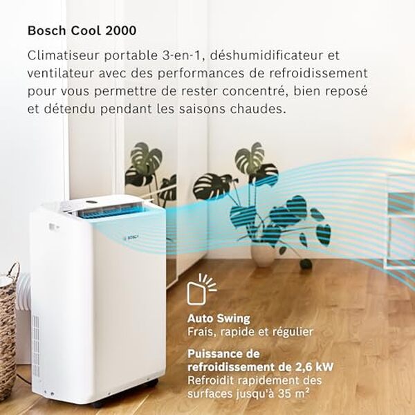 Découvrez le Bosch Cool 2026, un climatiseur portable 3-en-1 alliant performance et praticité pour rafraîchir, déshumidifier et ventiler votre espace de vie en toute simplicité